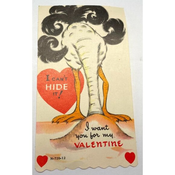 Valentines Day Greeting Card Ostrich Head in the Sand Hearts Vintage 1940s - Picture 6 of 6